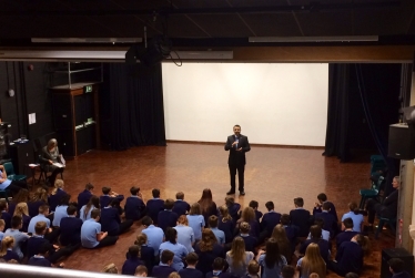 Mr Costa is pictured here speaking to the year 9 pupils. 